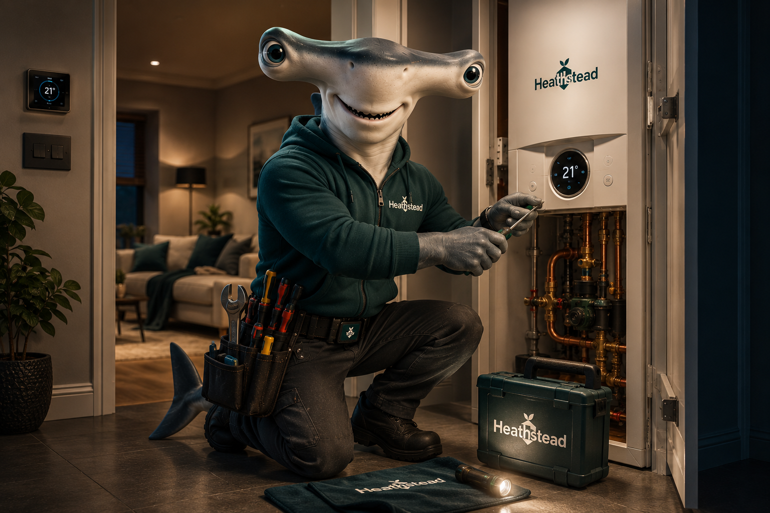Finn the Fix Shark in a more detailed scene with three hidden little sharks
